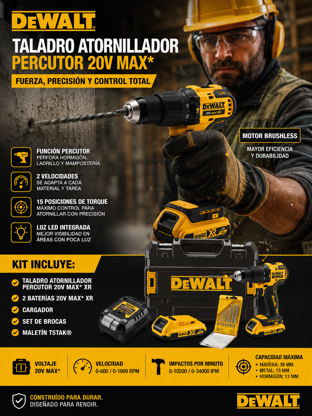 Taladro Profesional Dewalt Percutor-Atornillador 21v, 2 Baterías