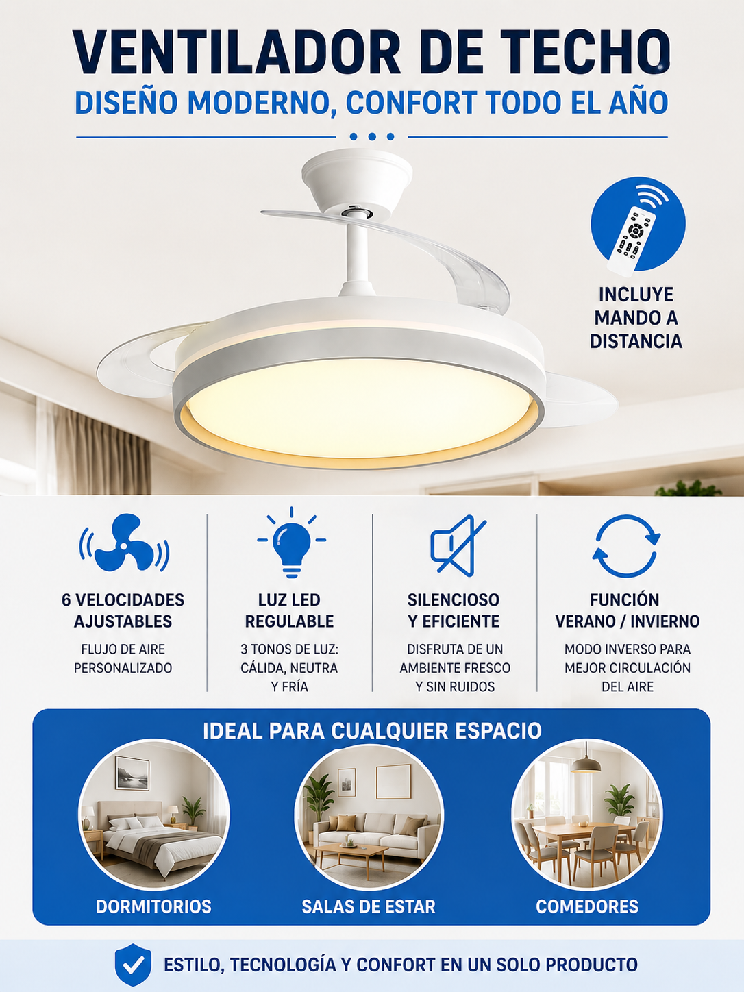 Ventilador de Techo LED Silencioso con Luz Regulable