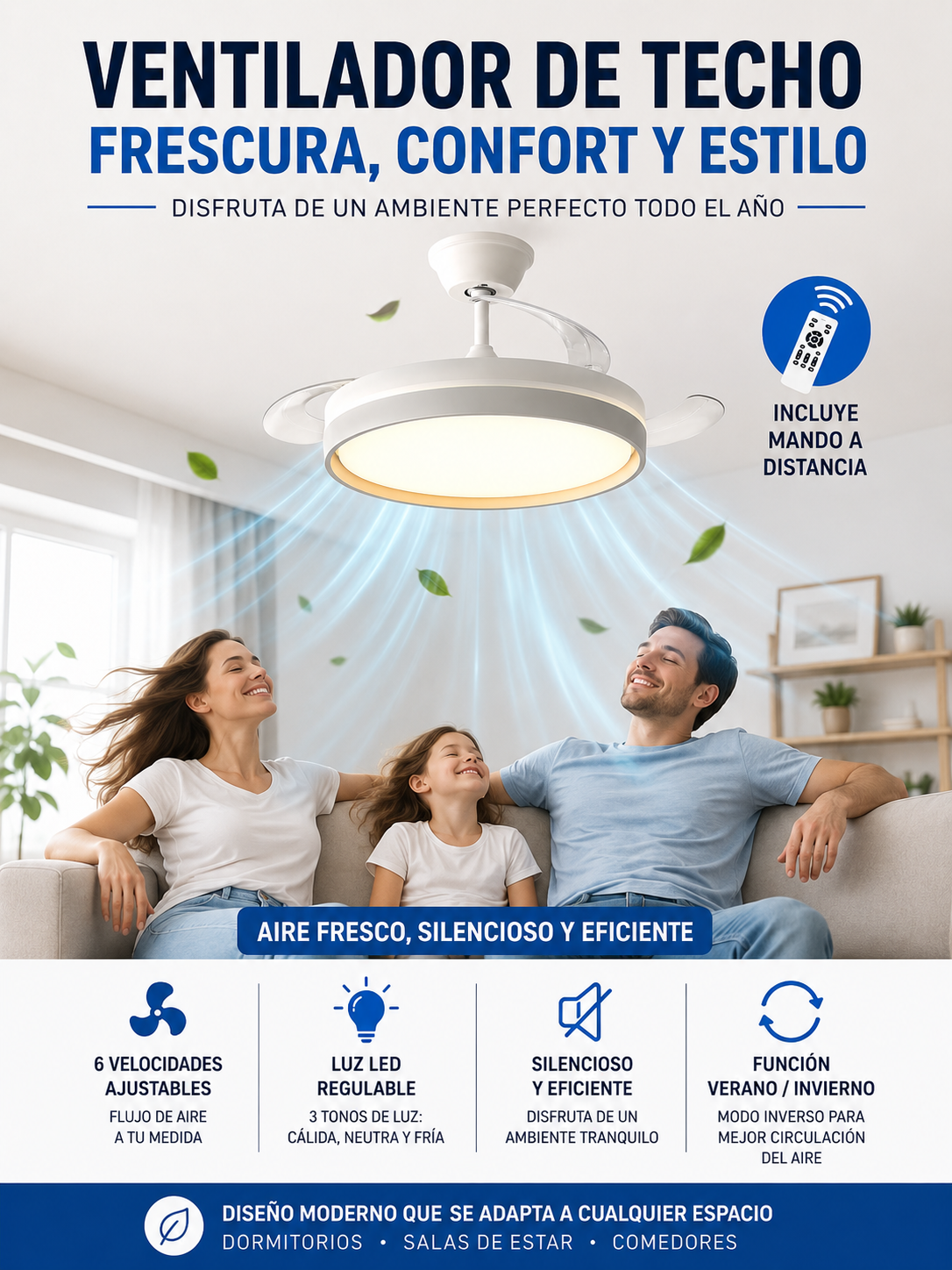 Ventilador de Techo LED Silencioso con Luz Regulable