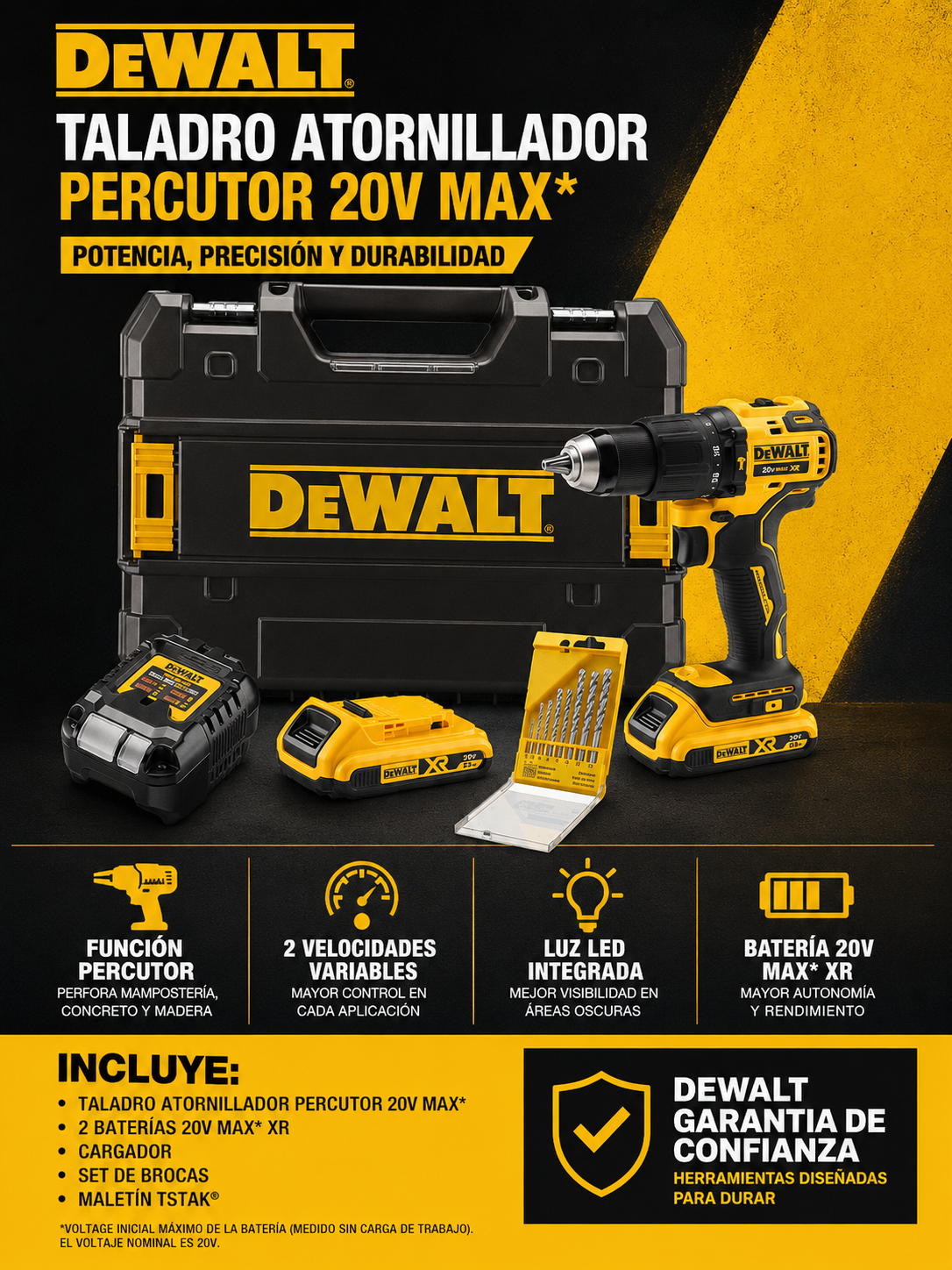 Taladro Profesional Dewalt Percutor-Atornillador  21v, 2 Baterías