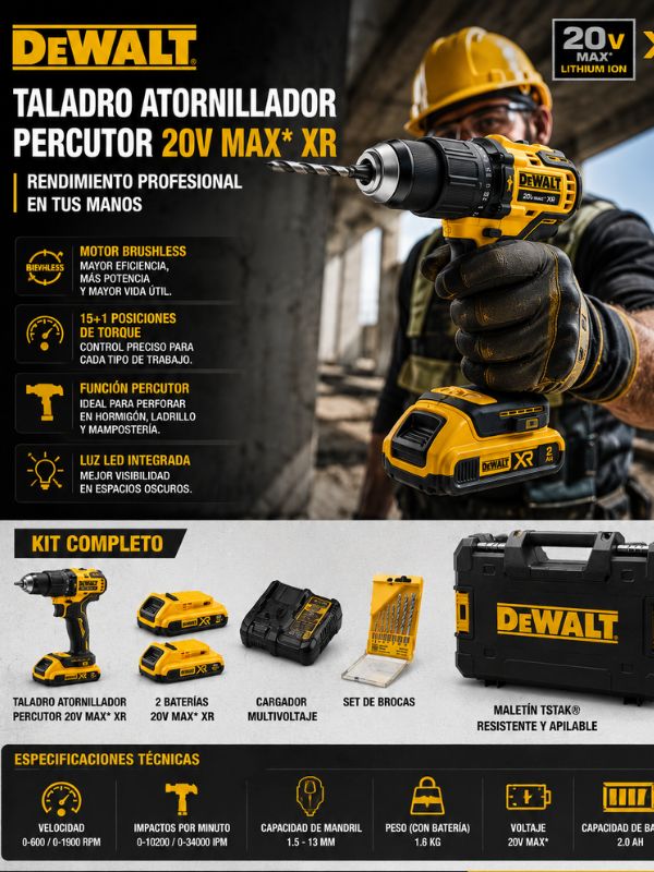 Taladro Profesional Dewalt Percutor-Atornillador  21v, 2 Baterías